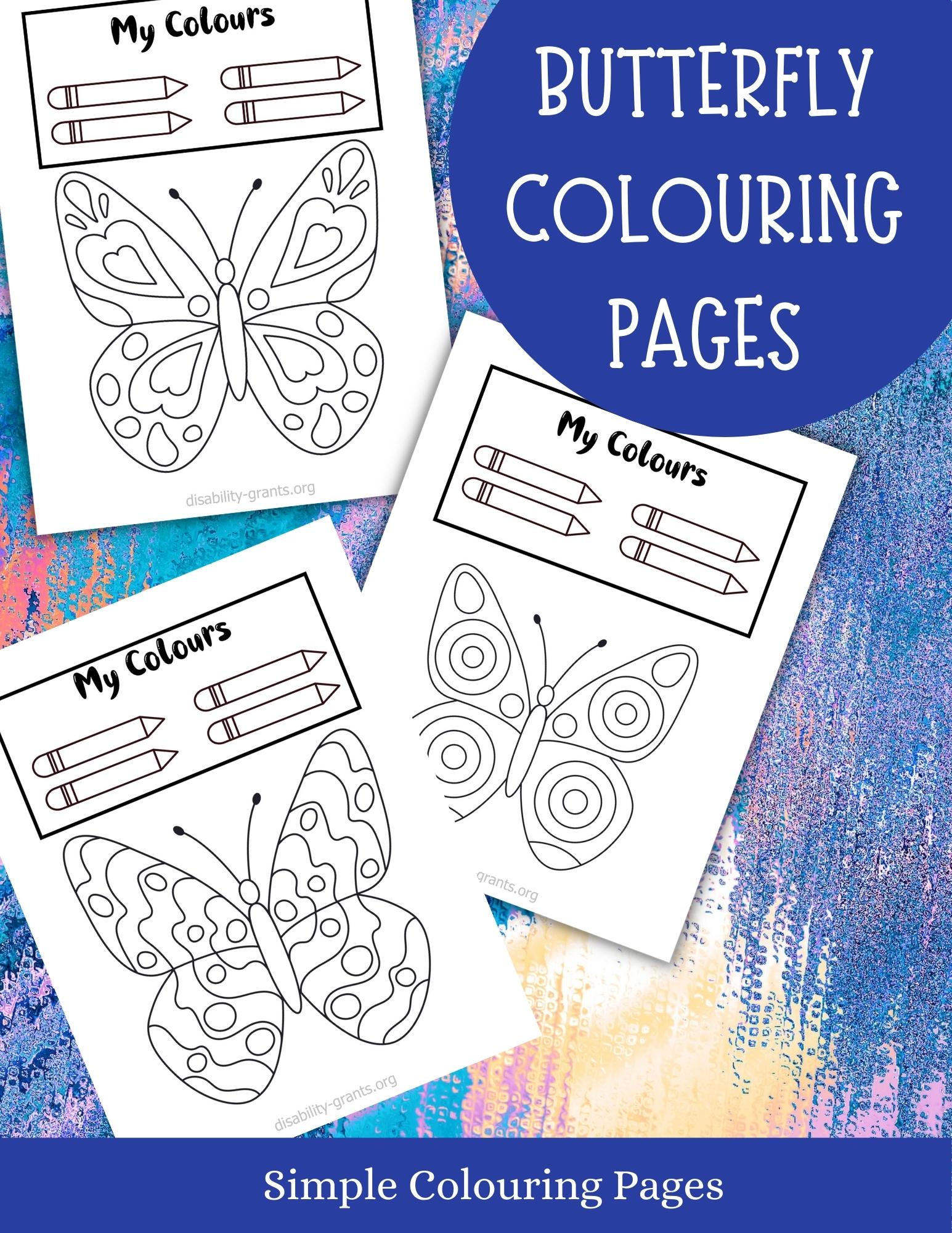 A colouring book for adults with Dementia, Alzheimers and Learning Difficulties featuring butterfly colouring pages.