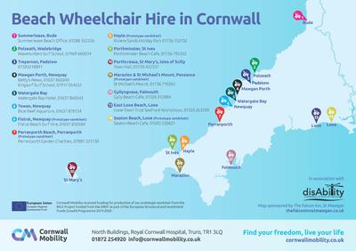 Map showing locations of Beach Wheelchairs in Cornwall