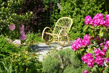 wicker rocking chair in secluded garden